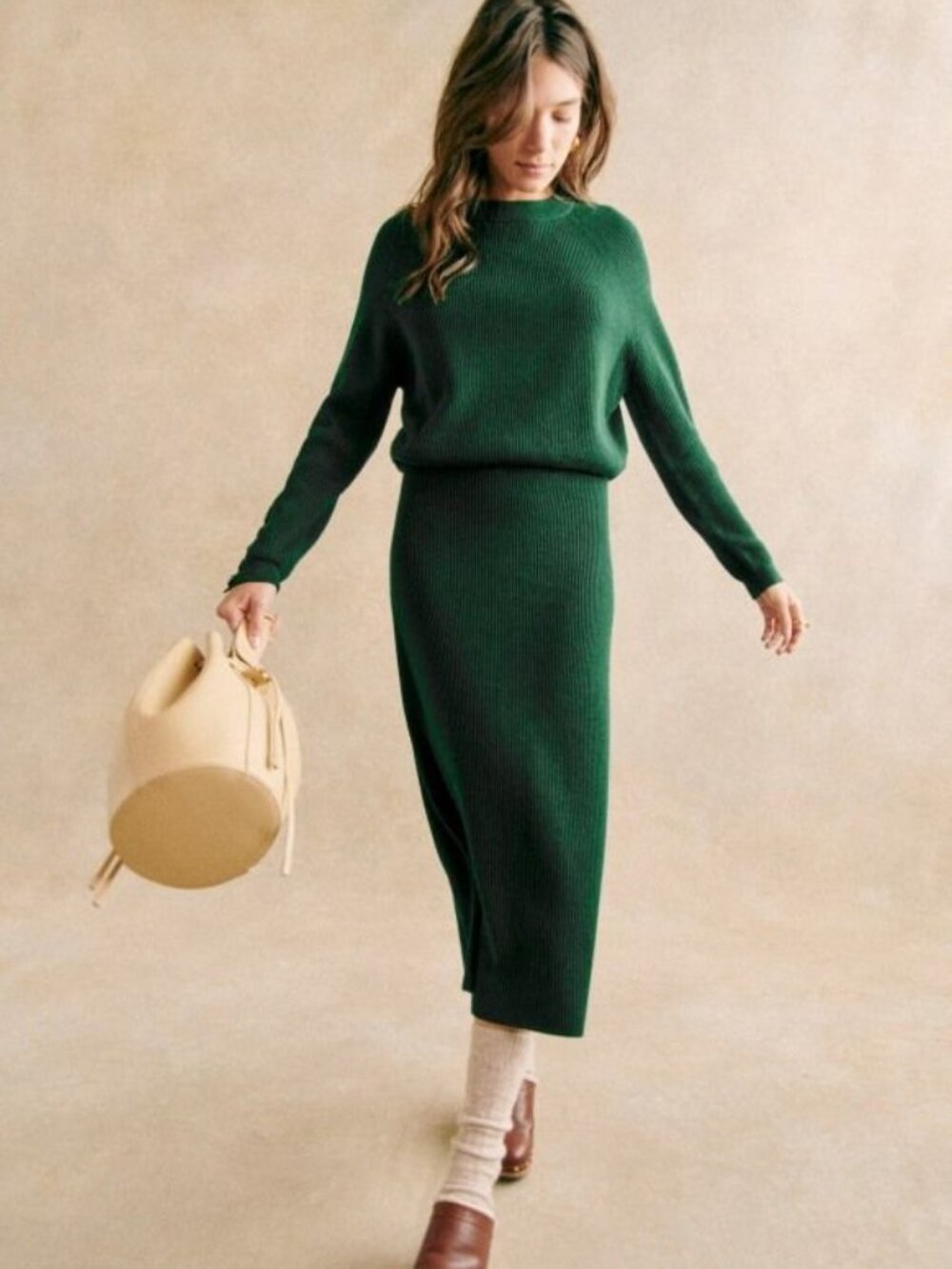 Sézane Sami Jumper Forest Green Ribbed Crewneck Sweater in Bottle Green Size M